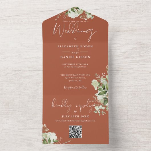 Terracotta Greenery QR Code Monogram Wedding All In One Einladung (Innen Boden)