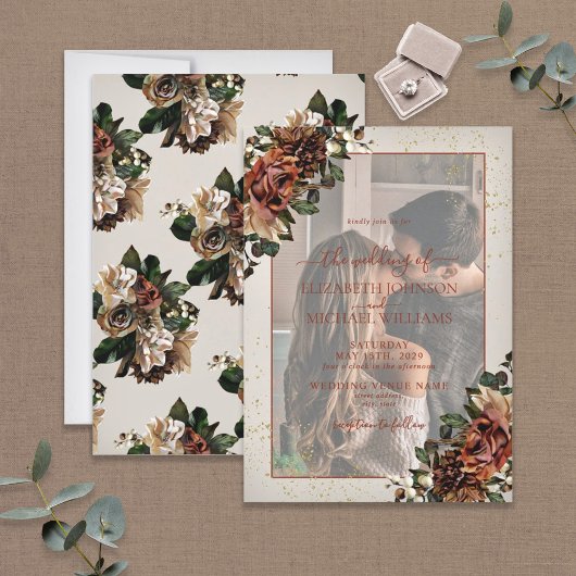 Terracotta Greenery Vellum Overlay Foto Wedding Einladung