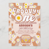 Terracotta Groovy One Retro 1. Geburtstag Einladung (Vorne/Hinten)