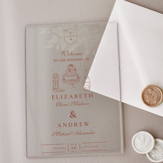 Terracotta Hand Drawn Funky Western Doodle Wedding Acryleinladungen