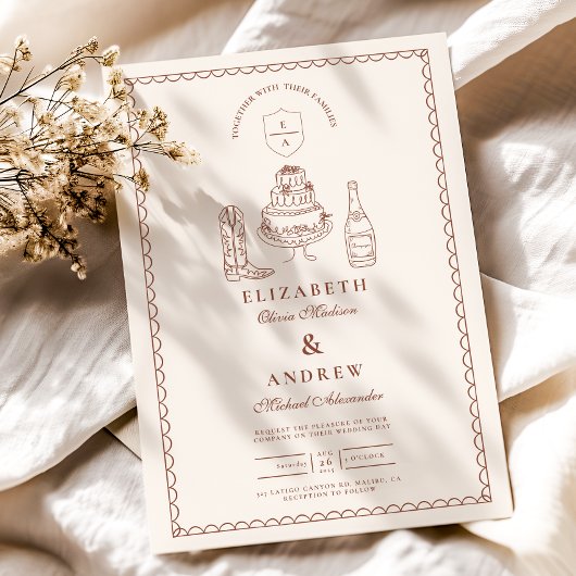 Terracotta Hand Drawn Funky Western Doodle Wedding Einladung