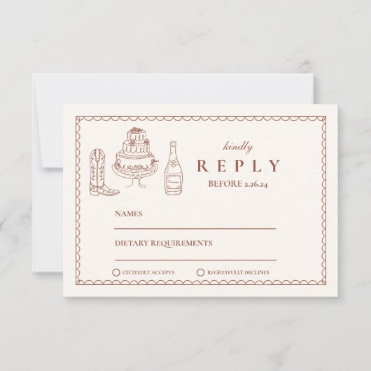 Terracotta Hand Drawn Funky Western Doodle Wedding RSVP Karte (Vorderseite)