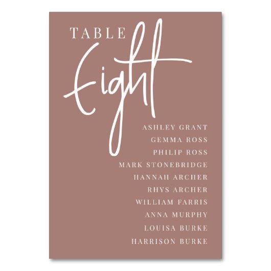Terracotta Hand Scripted Table Aight + Guest Names Tischnummer (Rückseite)
