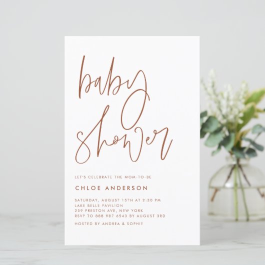 Terracotta Handgeschriebene Script Baby Dusche ein (Stehend Vorderseite)