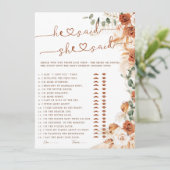 Terracotta He Said She Said Bridal Shower Game (Stehend Vorderseite)