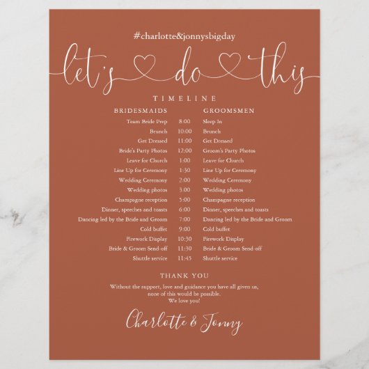 Terracotta Heart Script Wedding Zeitplan Timeline (Vorderseite)