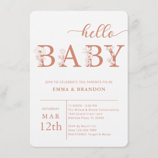 Terracotta Hello Baby Wildflower Invitation Einladung (Vorderseite)