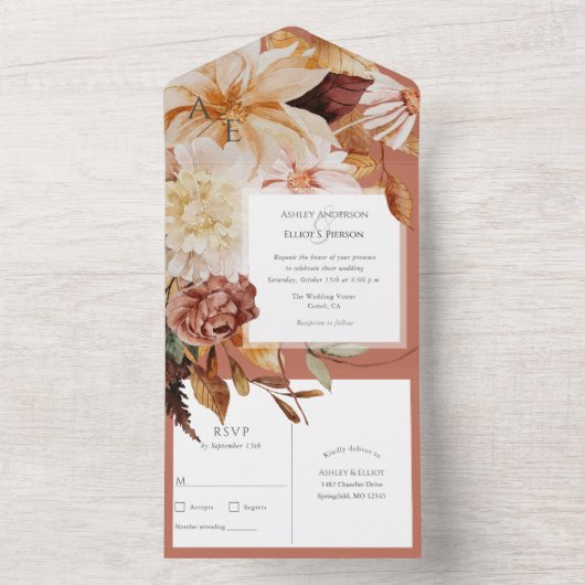 Terracotta Herbst Elegante, Hochzeiten im Herbst All In One Einladung (Innen Boden)