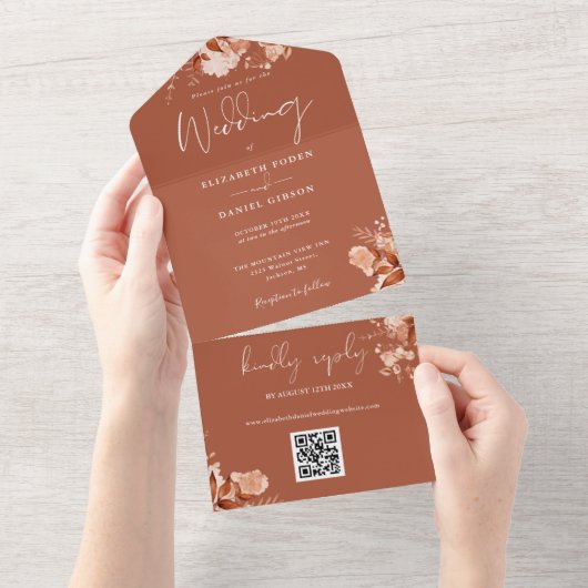Terracotta Herbst Floral QR Code Hochzeit All In One Einladung (Abreißen)