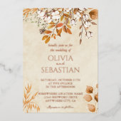 Terracotta Herbstleaves Boho Hochzeit im Herbst Folieneinladung (Vorderseite)