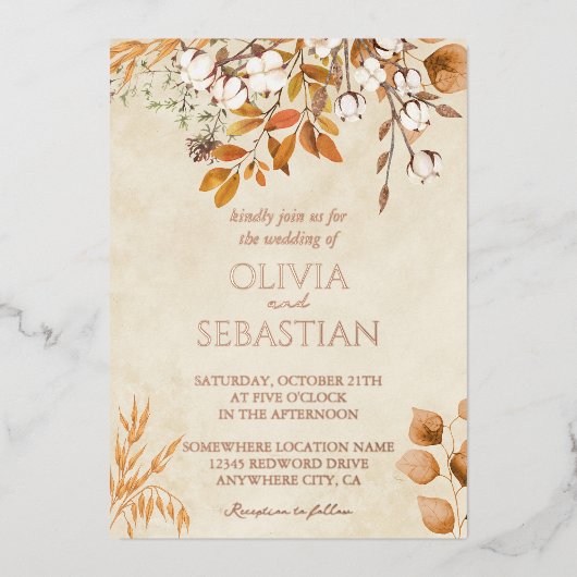Terracotta Herbstleaves Boho Hochzeit im Herbst Folieneinladung (Vorderseite)