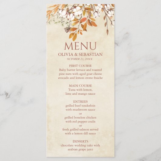 Terracotta Herbstleaves Boho Hochzeit im Herbst Menükarte (Vorderseite)