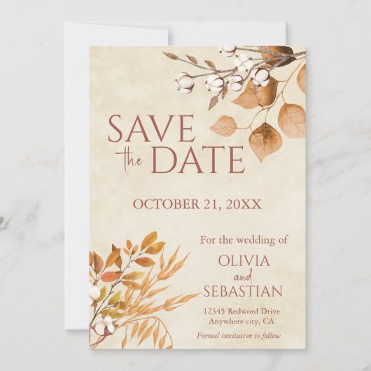 Terracotta Herbstleaves Boho Hochzeit im Herbst Save The Date (Vorderseite)
