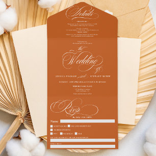 Terracotta Hochzeit in eleganter Kalligrafie All In One Einladung