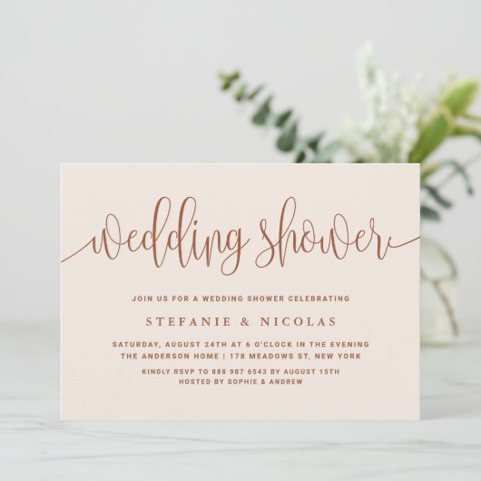 Terracotta Hübsch Calligraphy Polterabend Einladung (Stehend Vorderseite)