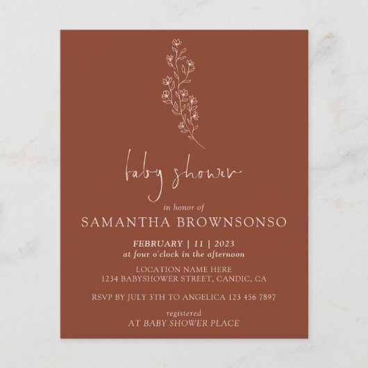 Terracotta Indie Rustic Budget Baby Dusche Flyer (Vorne)