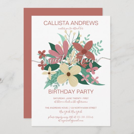 Terracotta Ivory Blumengrün Bouquet Sweet 16 Einladung (Vorne/Hinten)