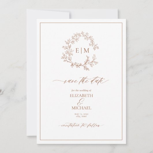 Terracotta Leafy Wappen Monogram Save the Date Einladung (Vorderseite)