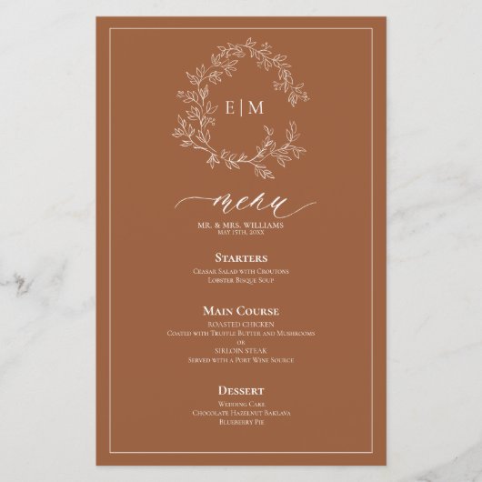 Terracotta Leafy Wappen Monogram Wedding Menu (Vorderseite)