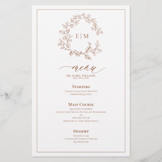 Terracotta Leafy Wappen Monogram Wedding Menu (Vorderseite)