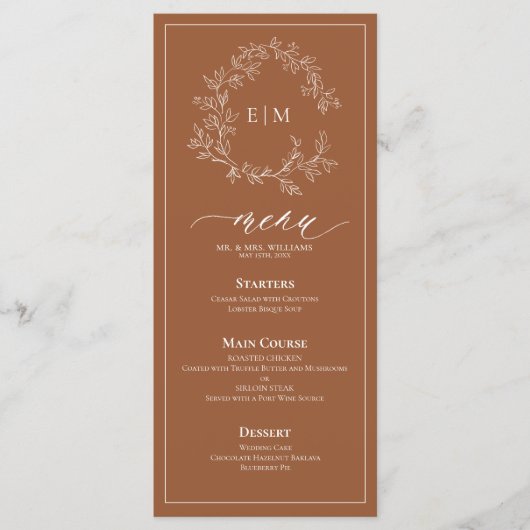 Terracotta Leafy Wappen Monogram Wedding Menu Menükarte (Vorderseite)