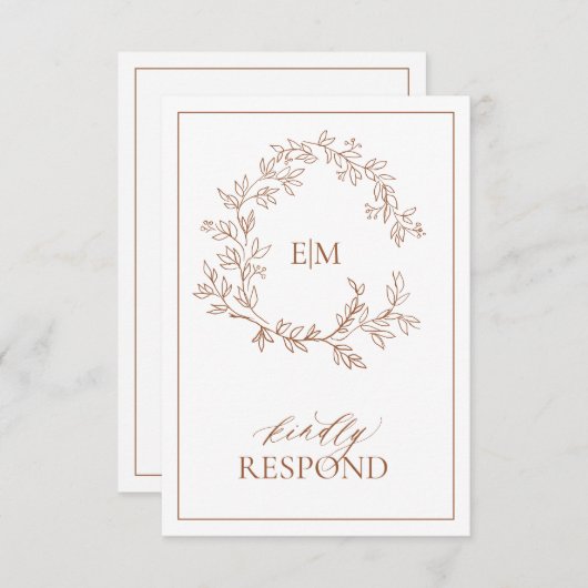Terracotta Leafy Wappen Monogram Wedding RSVP Card (Vorne/Hinten)