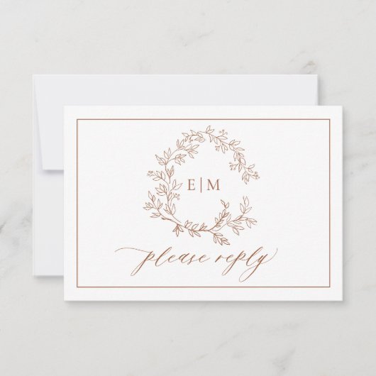 Terracotta Leafy Wappen Monogram Wedding RSVP Card (Vorderseite)