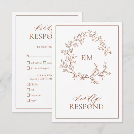 Terracotta Leafy Wappen Monogram Wedding RSVP Card Karte (Vorne/Hinten)