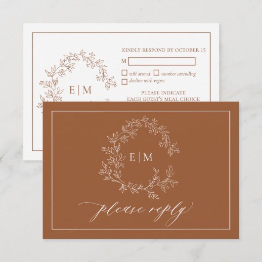 Terracotta Leafy Wappen Monogram Wedding RSVP Card Karte (Vorne/Hinten)