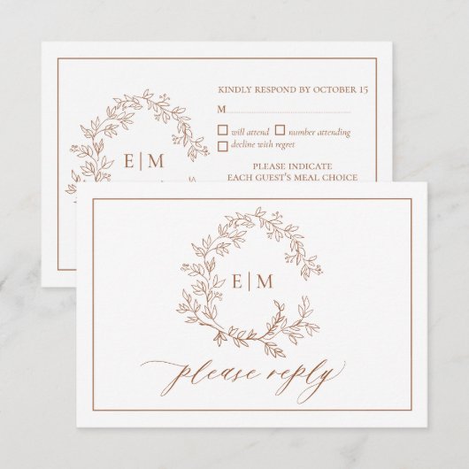 Terracotta Leafy Wappen Monogram Wedding RSVP Karte (Vorne/Hinten)