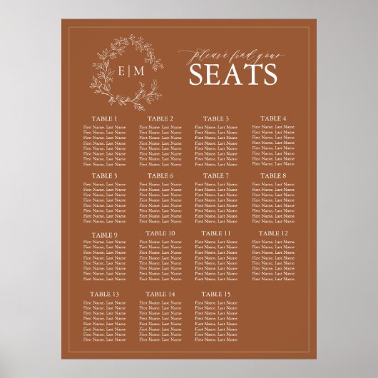 Terracotta Leafy Wappen Monogram Wedding Seating Poster (Vorne)