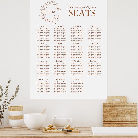 Terracotta Leafy Wappen Monogram Wedding Seating Poster (Küche)