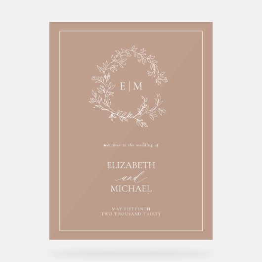 Terracotta Leafy Wappen Monogram Welcome Wedding Acrylschild (Vorderseite)