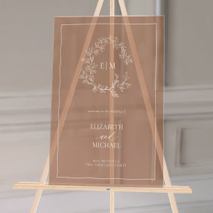 Terracotta Leafy Wappen Monogram Welcome Wedding Acrylschild