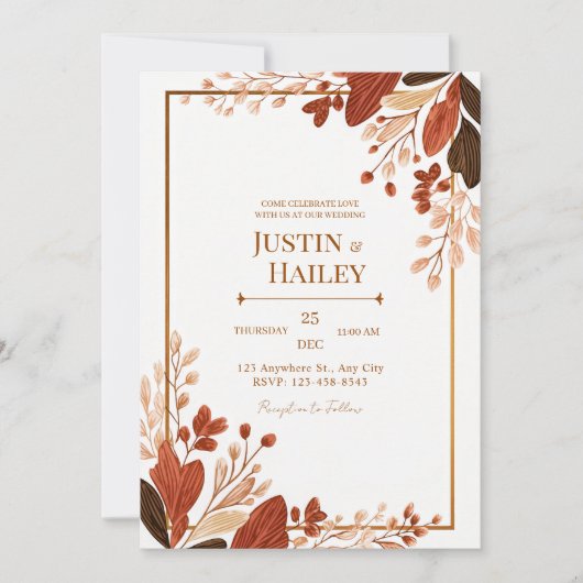 Terracotta Line Leaf Gilded Botanical Wedding Einladung (Vorderseite)