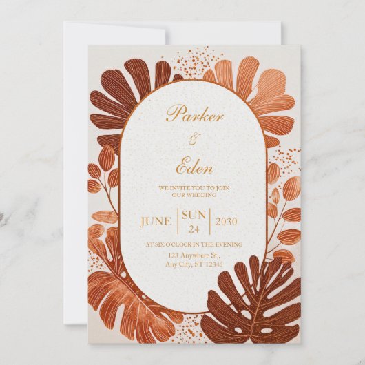 Terracotta Line Monstera Gold Arch Wedding Einladung (Vorderseite)