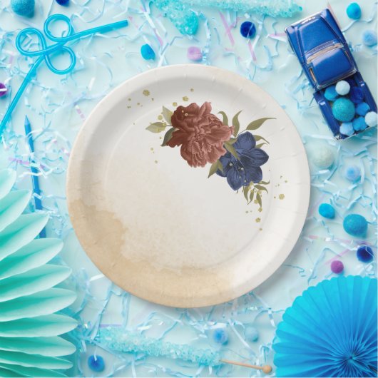 Terracotta Marine blaue Blumengrün Pappteller (Party)