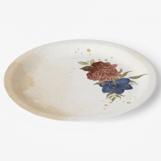 Terracotta Marine blaue Blumengrün Pappteller (Schrägansicht)