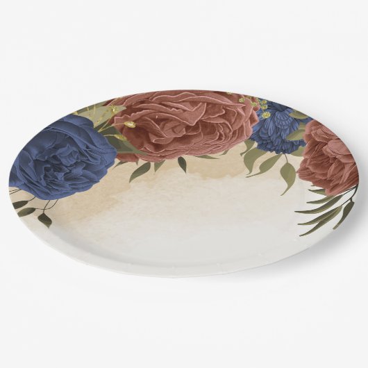 Terracotta Marine blaue Blumengrün Pappteller (Schrägansicht)