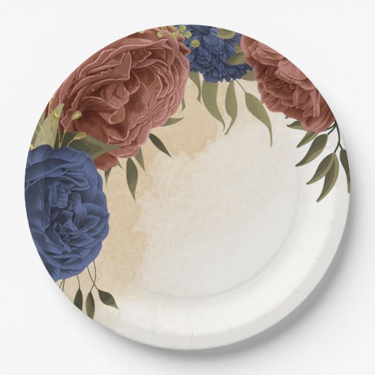 Terracotta Marine blaue Blumengrün Pappteller (Vorderseite)