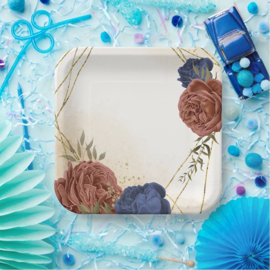 Terracotta Marine blaue Blumengrün Pappteller (Party)