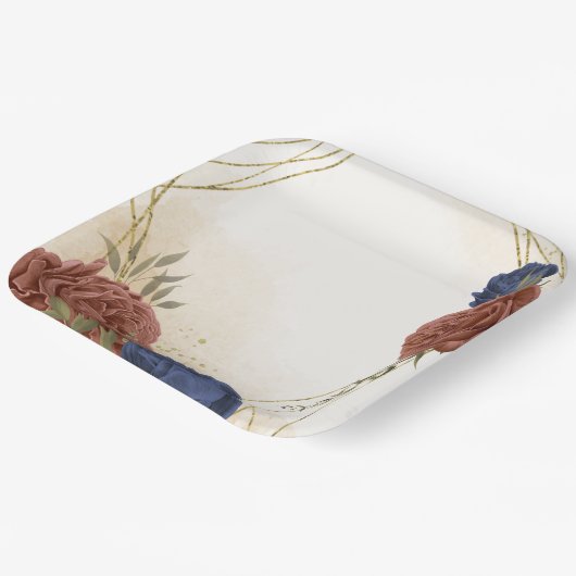 Terracotta Marine blaue Blumengrün Pappteller (Gewinkelt)