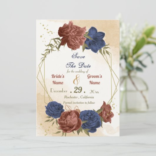 Terracotta Marine blaue Blumengrün Save The Date (Stehend Vorderseite)