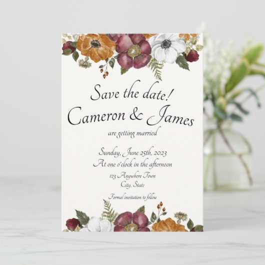 Terracotta & Maroon Boho Wildblume Garden Wedding Save The Date (Stehend Vorderseite)