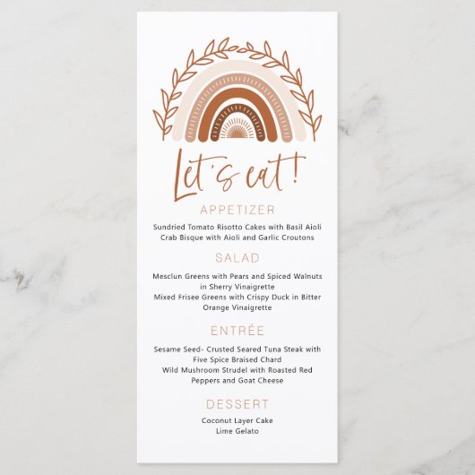 Terracotta-Menü in Mute Tones, Boho-Regenbogen-Men Menükarte (Vorderseite)