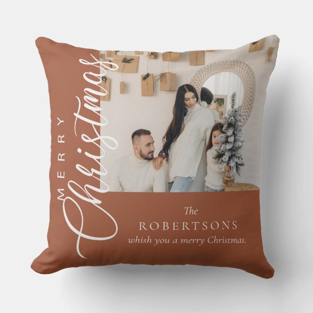 Terracotta Merry Christmas Foto Kissen (Vorderseite)