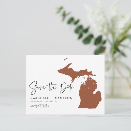 Terracotta Michigan Map QR Code Save the Date Ankündigungspostkarte (Stehend Vorderseite)