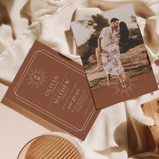 Terracotta Mid Century 70er Monogram Foto Wedding Einladung