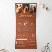 Terracotta Minimal 3 in 1 Foto Collage Wedding Dreifach Gefaltete Einladung (Innenseite)