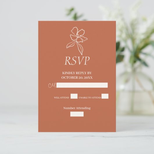 Terracotta Minimal Floral Wedding RSVP Card (Stehend Vorderseite)